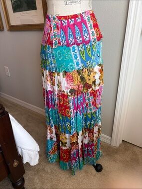 Boho Tiered Patchwork Maxi Skirt - Pink, Turquoise & White by e.t.c.